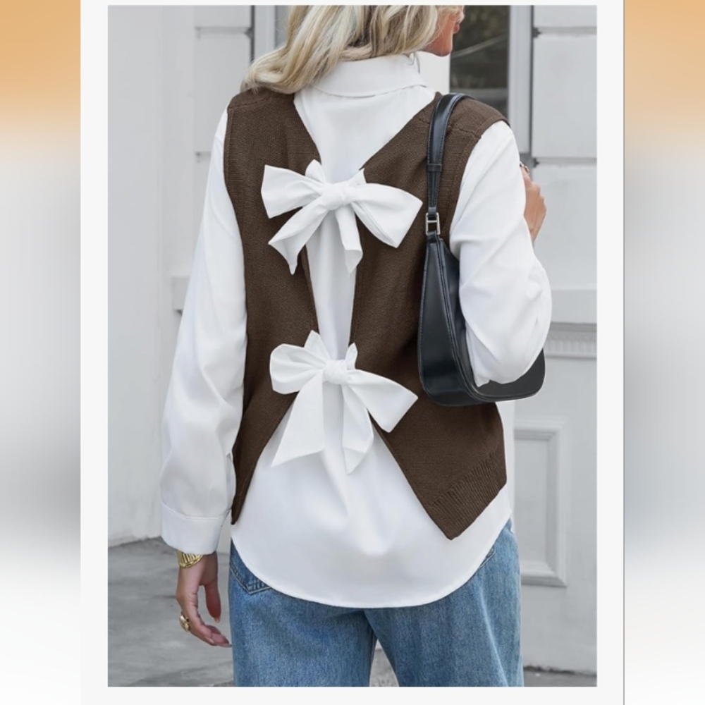 Elegant Brown Open Back Bow Knit‎ Vest | Coquette Academia Layering Top  Sz L
